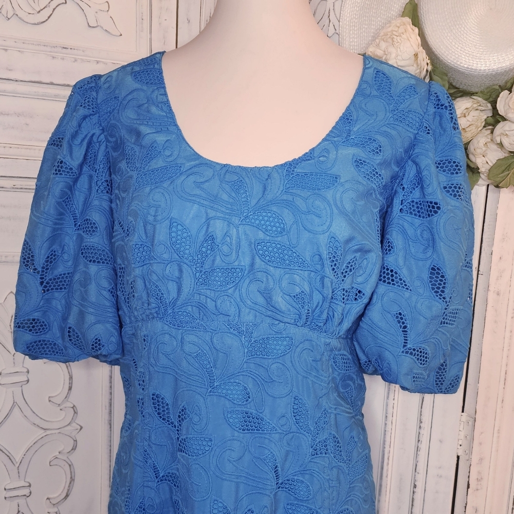 Hyacinth House Ice Blue Bubble-Sleeve Scoop Neck Eyelet Midi Dress - Picture 4 of 8